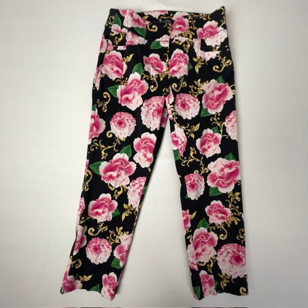 NY & Co Floral Baroque Straight Leg Ankle Pants Black Pink Rose 0 Romantic Goth
